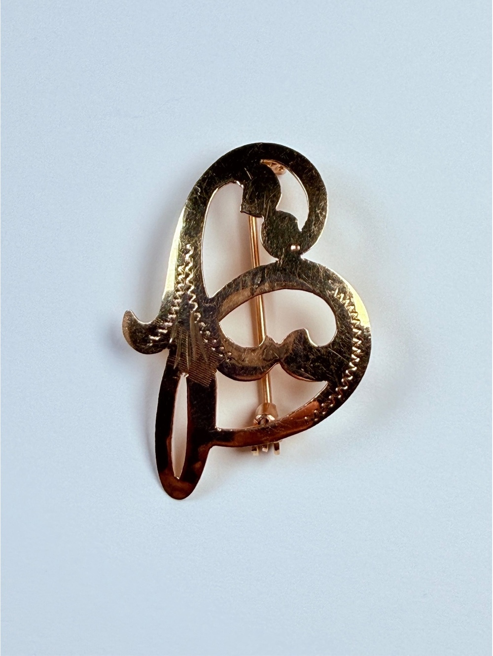 18K Solid Yellow Gold Letter "B" Cursive Font Initial Vintage Pin Brooch